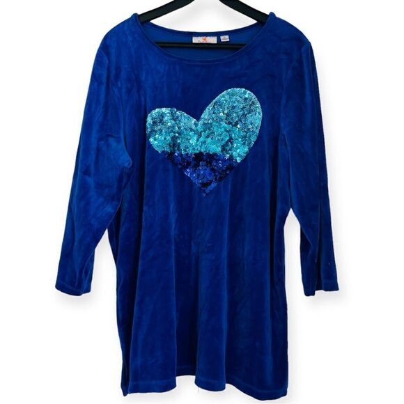 Quacker Factory Blue Velvet Heart Sequin Tunic Blouse Size 1X - Picture 1 of 6